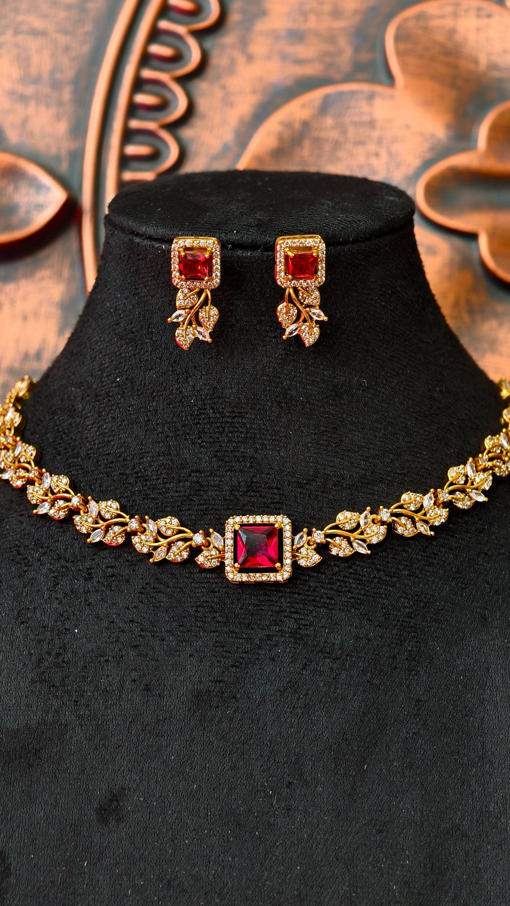 Ruby Red Crystal Jewelry Set  Gold Leaf Necklace and Drop Earrings, Victorian Style