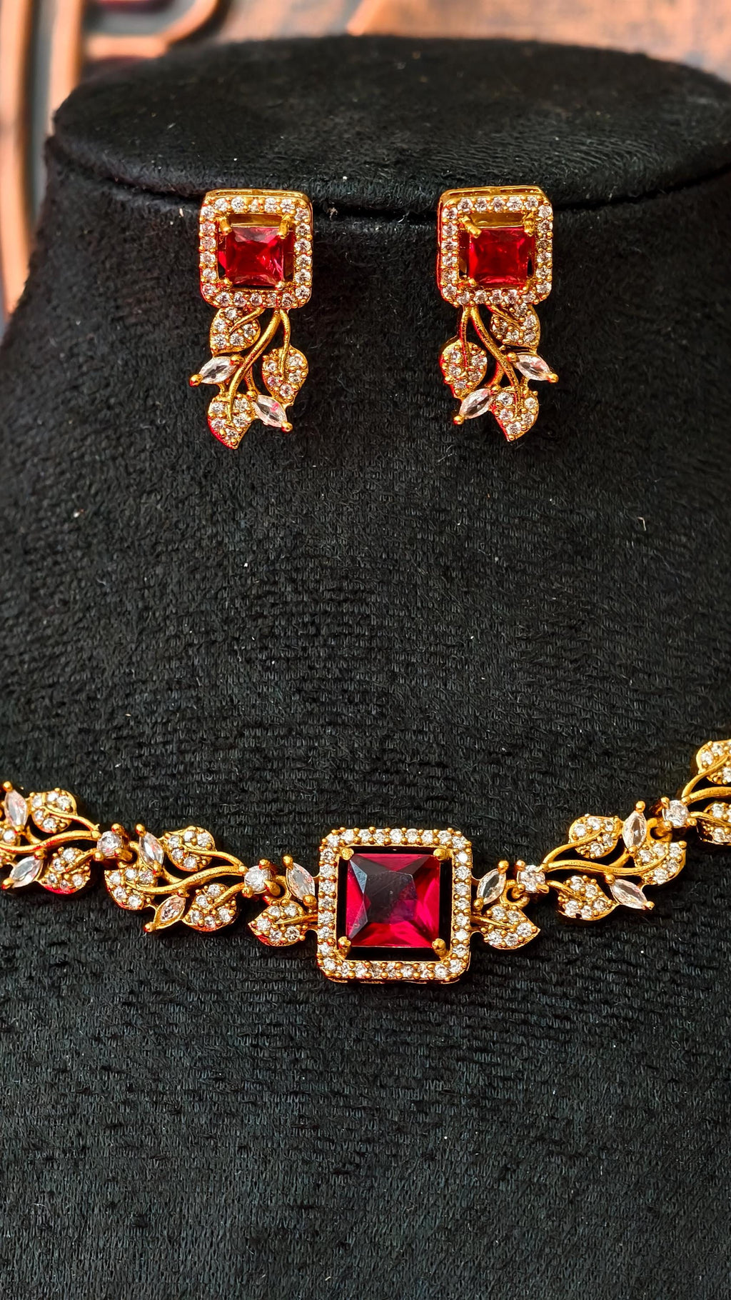 Ruby Red Crystal Jewelry Set  Gold Leaf Necklace and Drop Earrings, Victorian Style