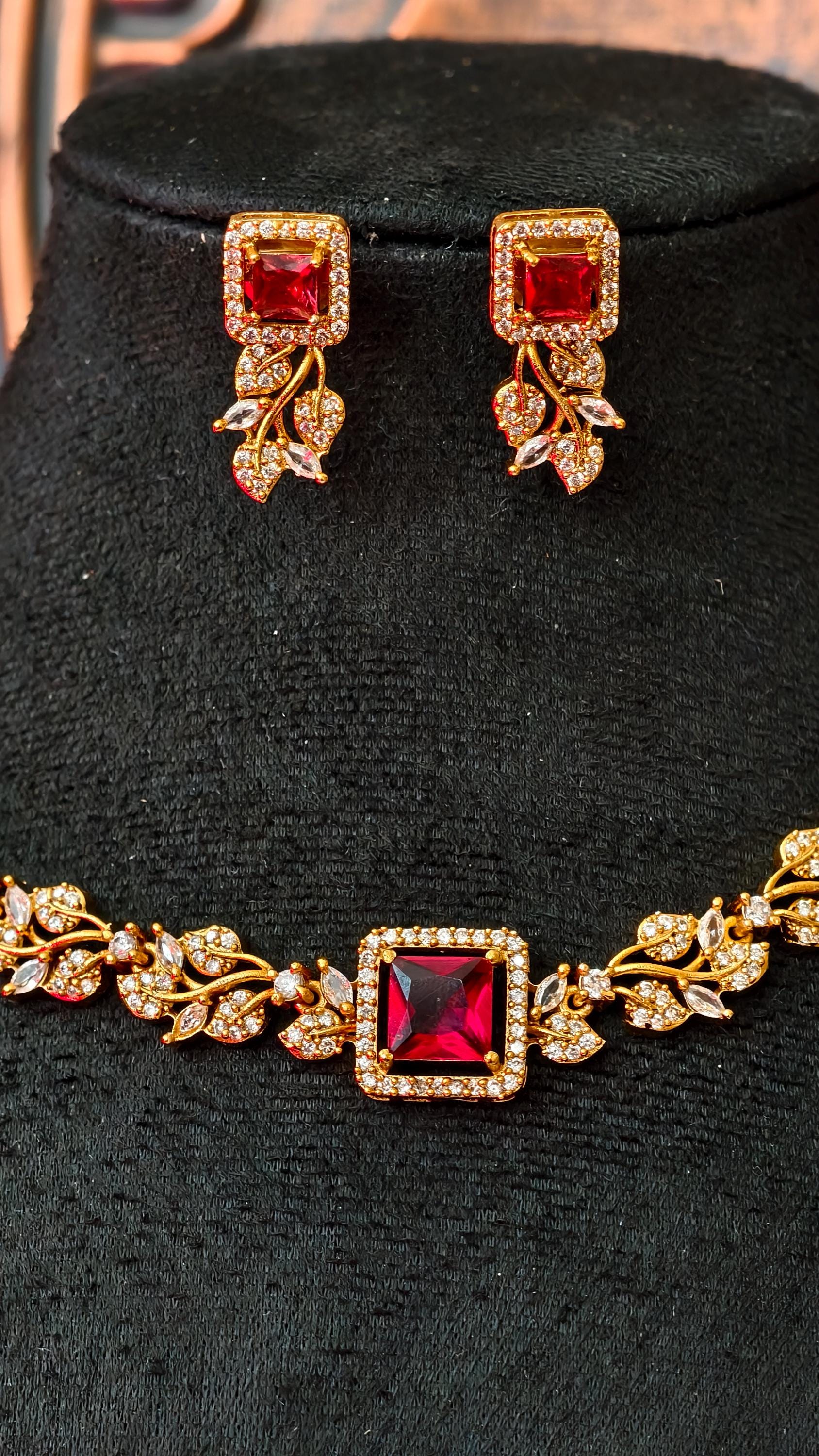 Ruby Red Crystal Jewelry Set  Gold Leaf Necklace and Drop Earrings, Victorian Style