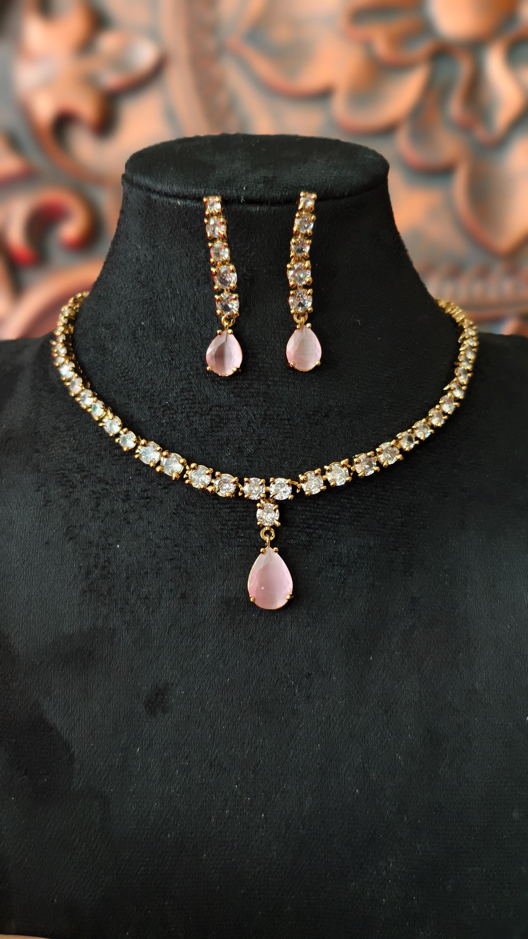 Gold Plated Teardrop Necklace Earrings Set, Pink Crystal Bridal Jewelry