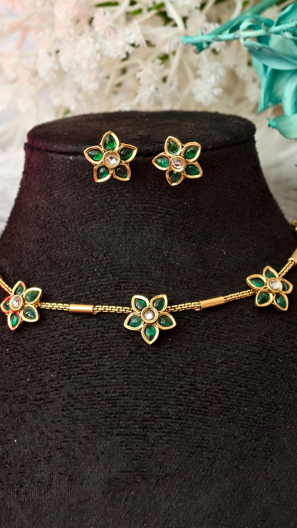 Emerald Green Flower Jewelry Set, Gold Botanical Choker, Dainty Gemstone Earrings