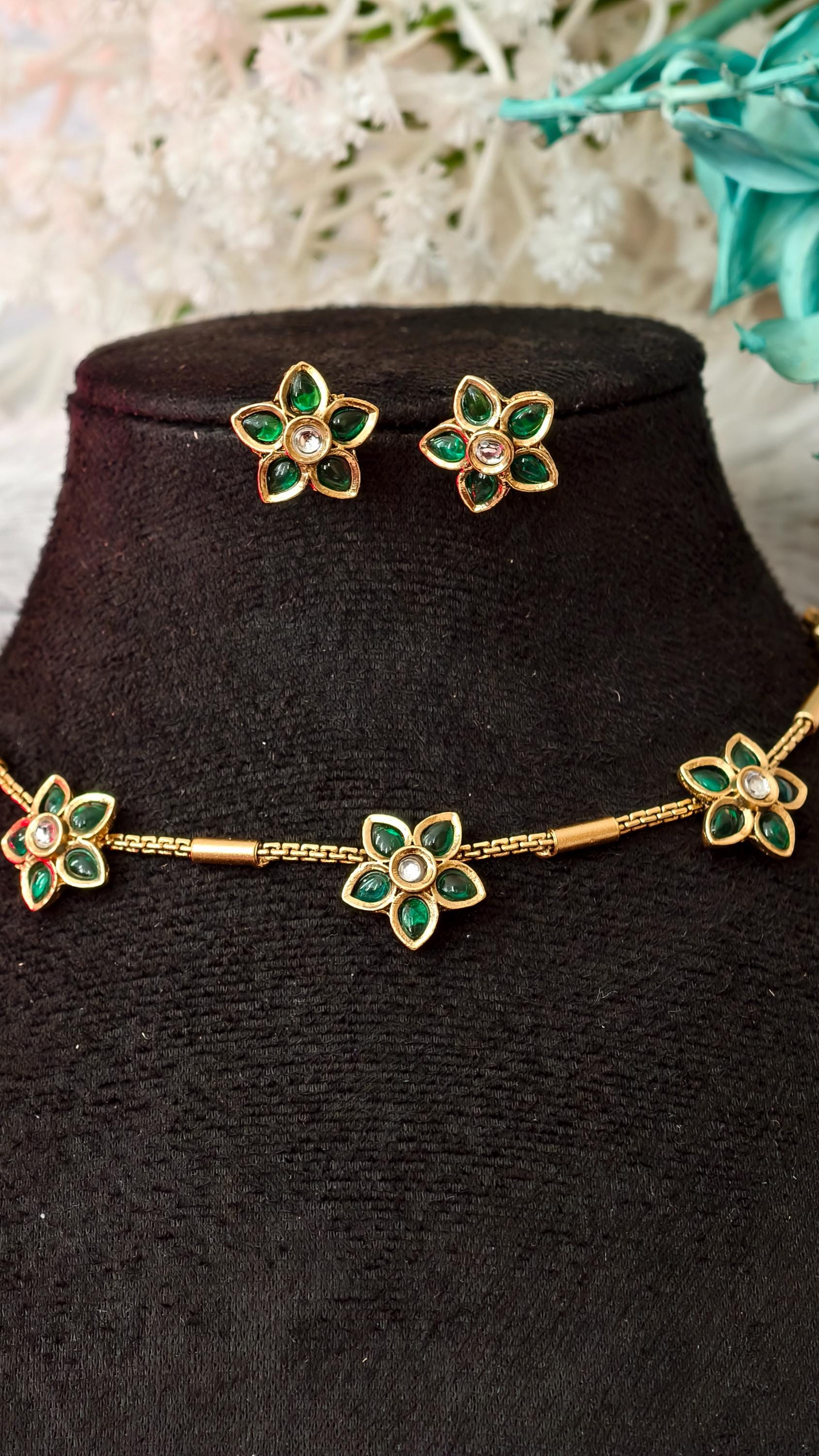Emerald Green Flower Jewelry Set, Gold Botanical Choker, Dainty Gemstone Earrings