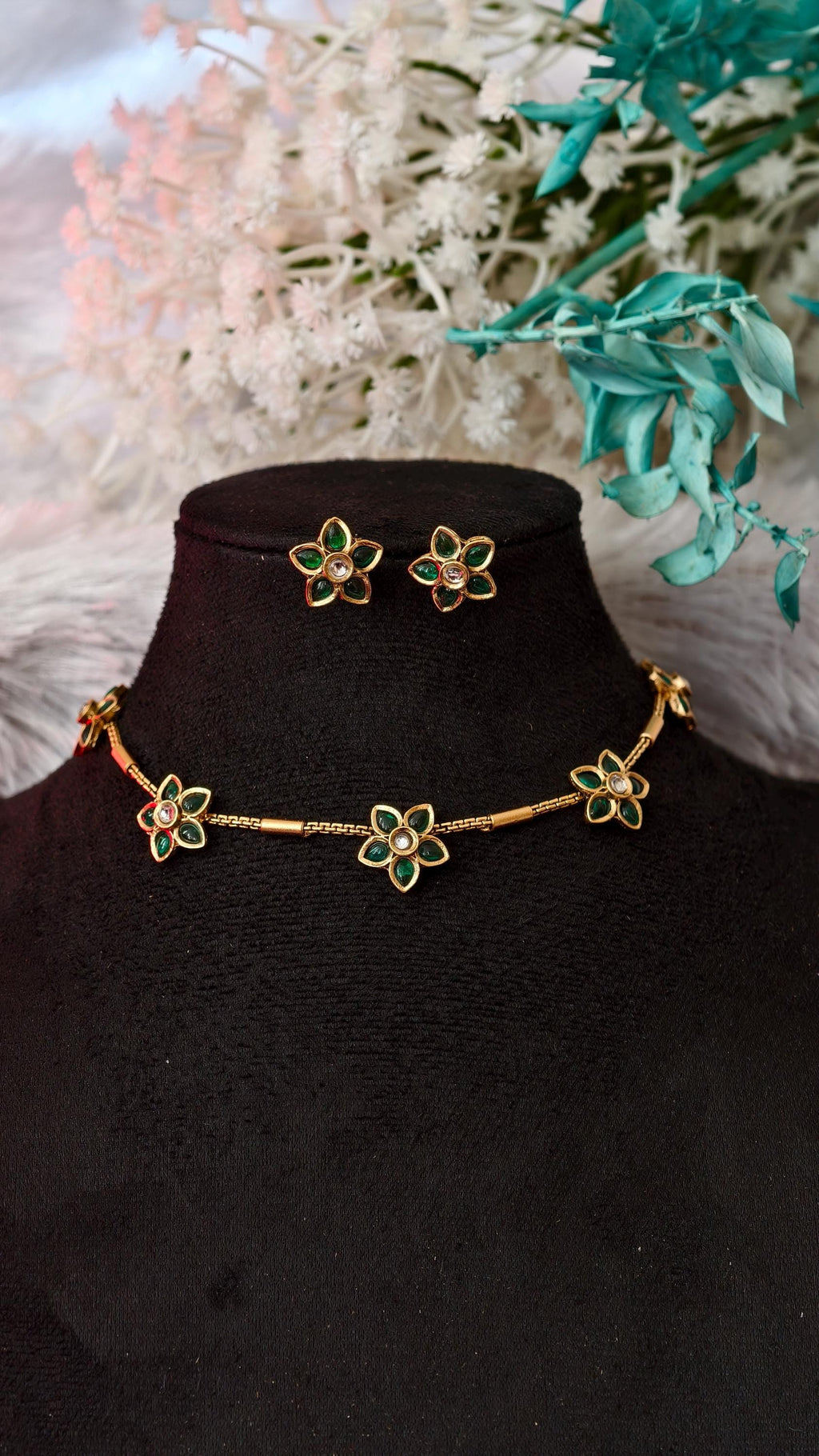 Emerald Green Flower Jewelry Set, Gold Botanical Choker, Dainty Gemstone Earrings