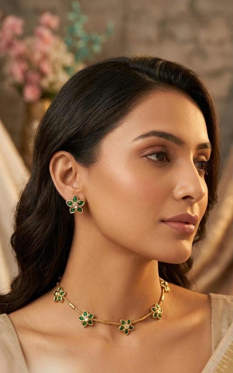 Emerald Green Flower Jewelry Set, Gold Botanical Choker, Dainty Gemstone Earrings