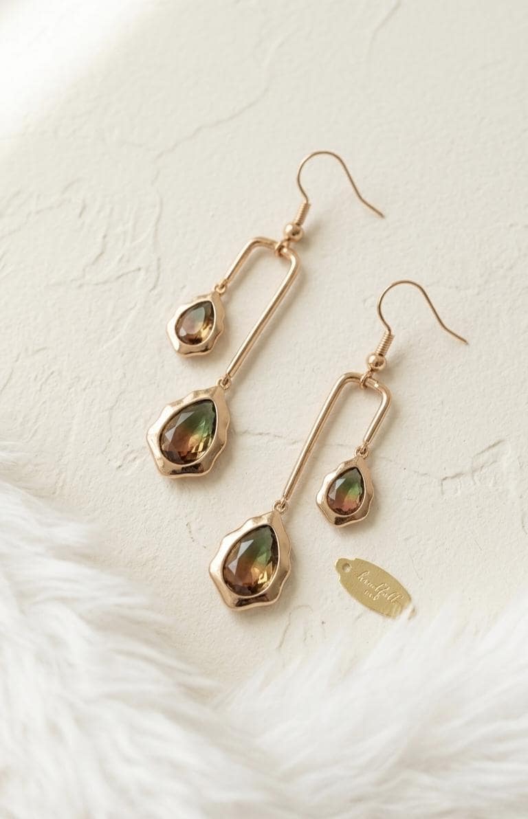 18k Gold Plated Teardrop Dangle Earrings, Ombre Green Amber Geometric Statement Jewelry