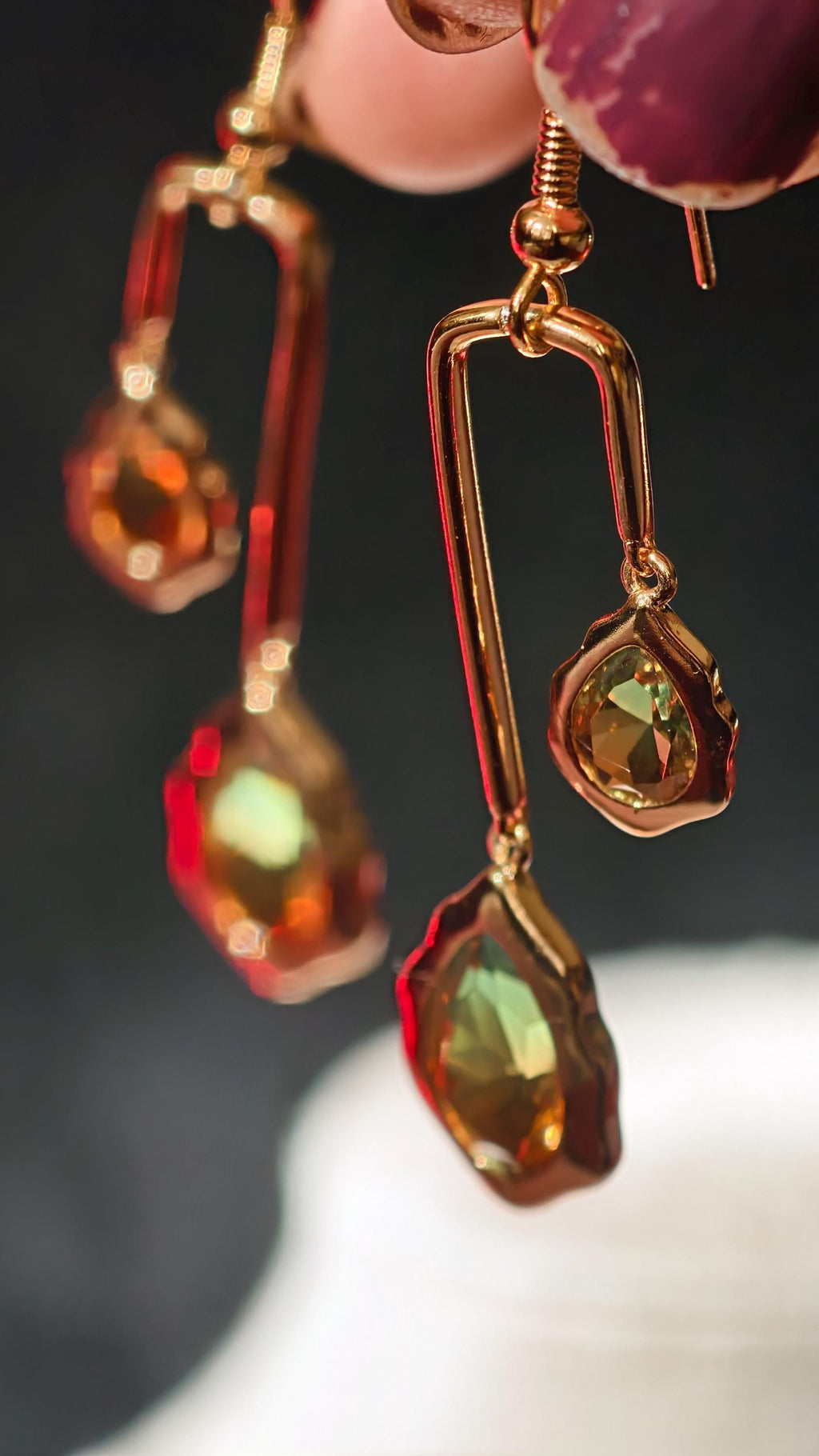 18k Gold Plated Teardrop Dangle Earrings, Ombre Green Amber Geometric Statement Jewelry