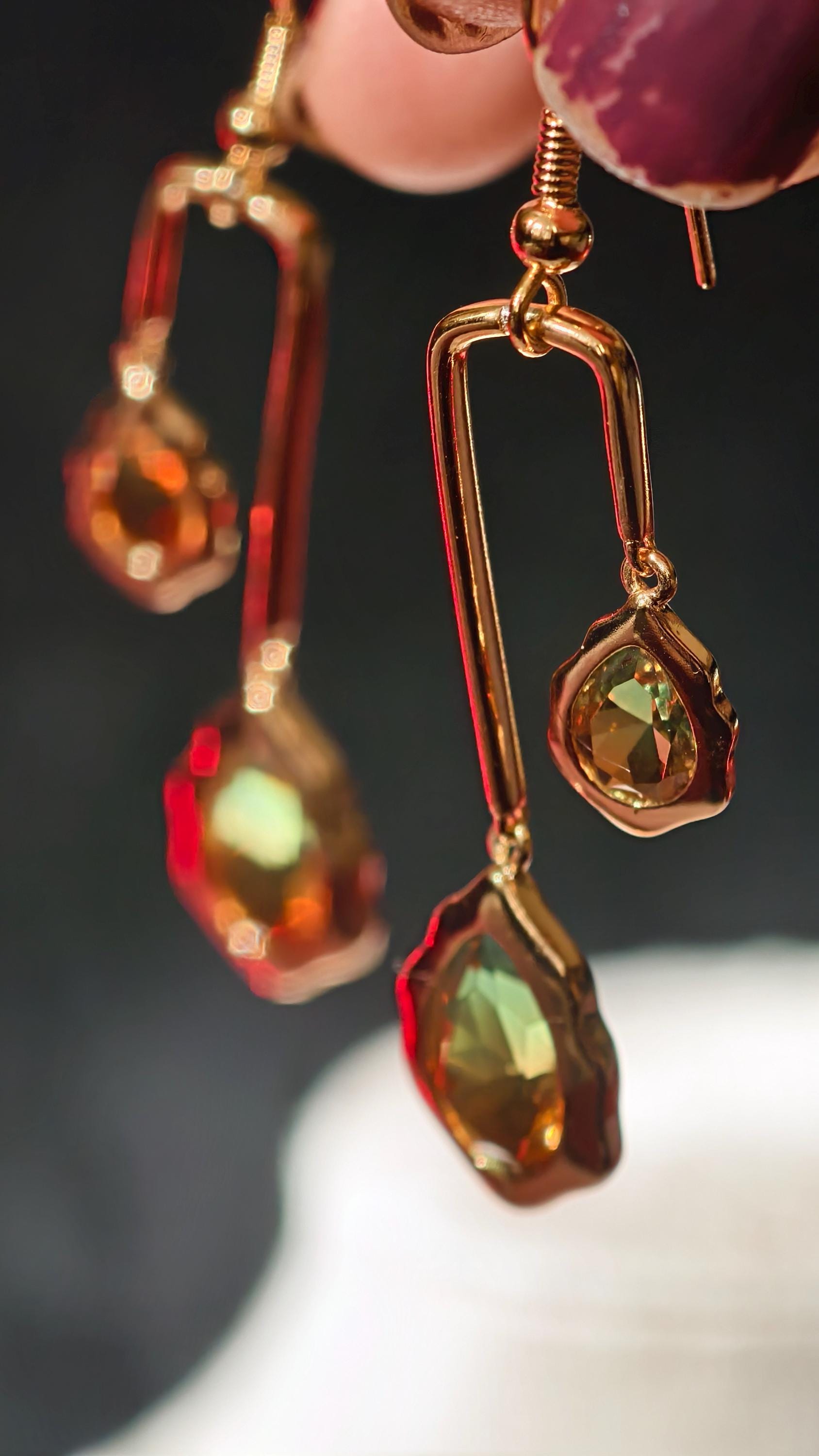 18k Gold Plated Teardrop Dangle Earrings, Ombre Green Amber Geometric Statement Jewelry