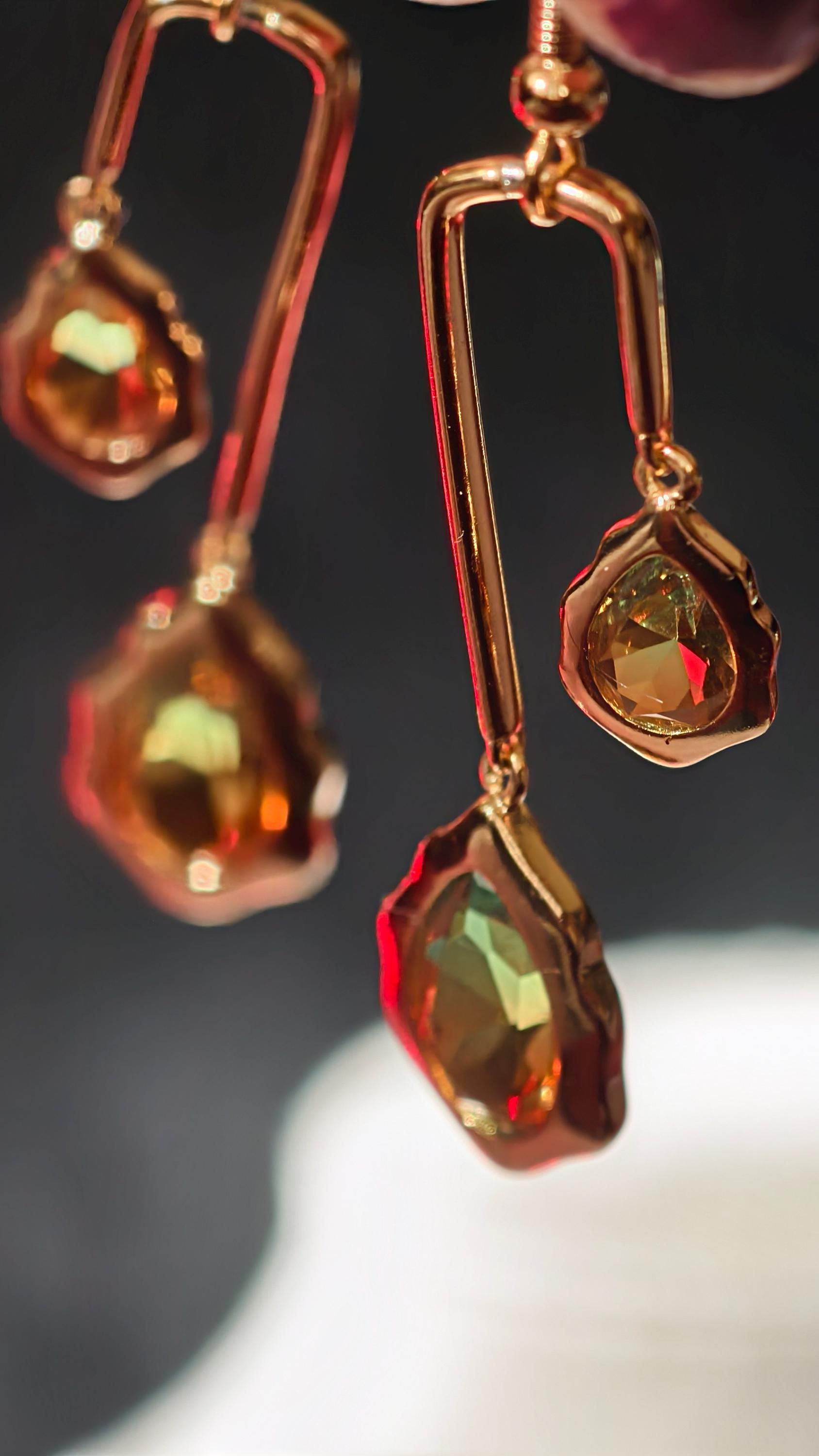 18k Gold Plated Teardrop Dangle Earrings, Ombre Green Amber Geometric Statement Jewelry