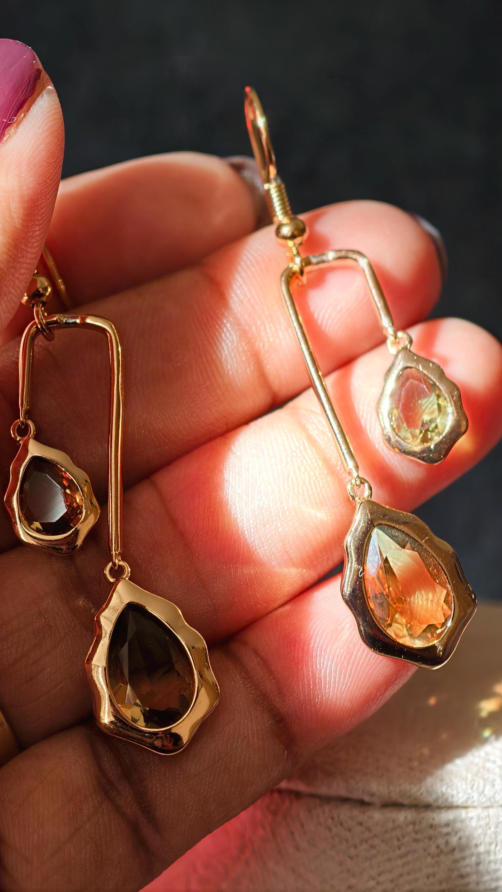 18k Gold Plated Teardrop Dangle Earrings, Ombre Green Amber Geometric Statement Jewelry
