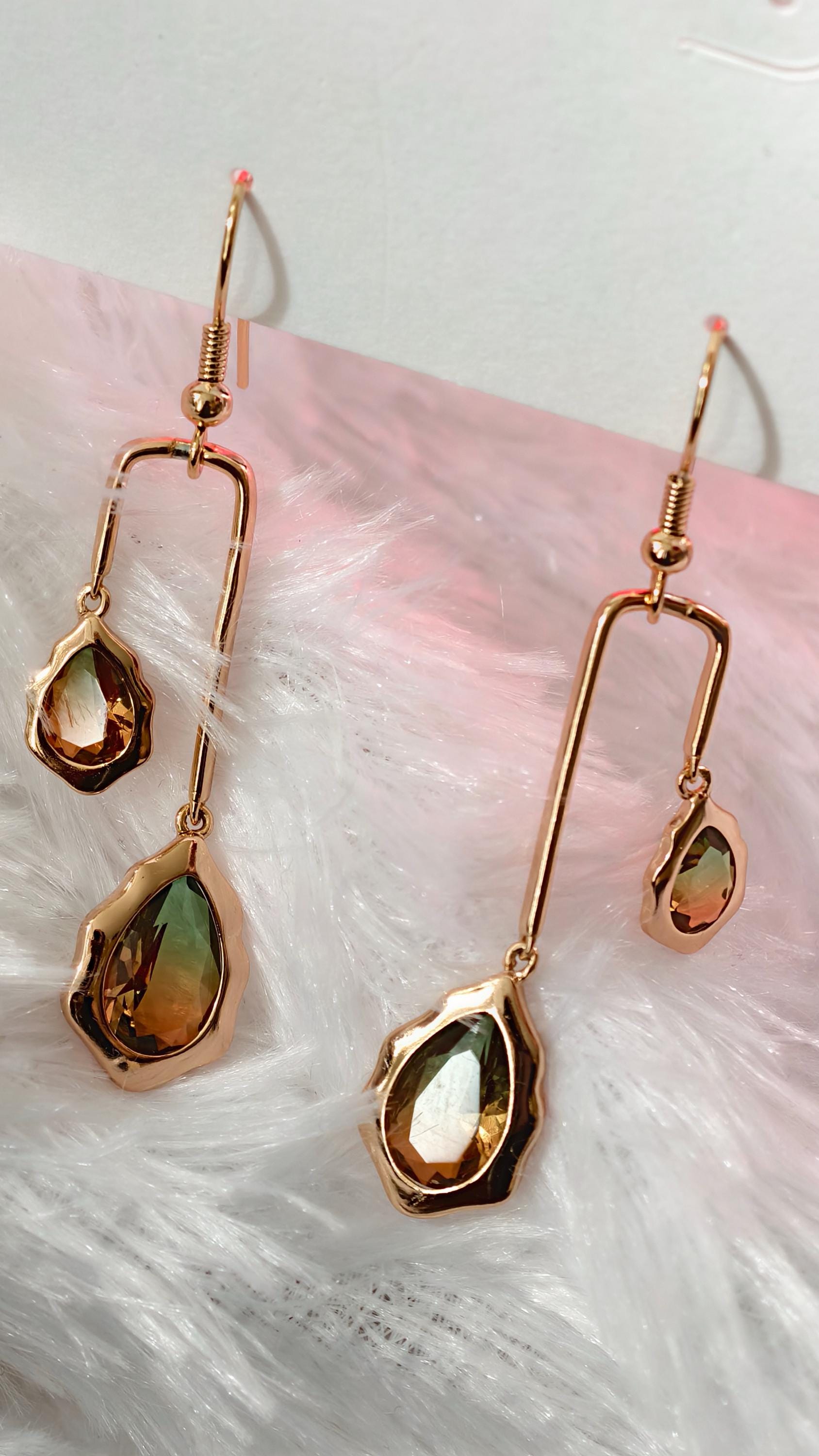 18k Gold Plated Teardrop Dangle Earrings, Ombre Green Amber Geometric Statement Jewelry