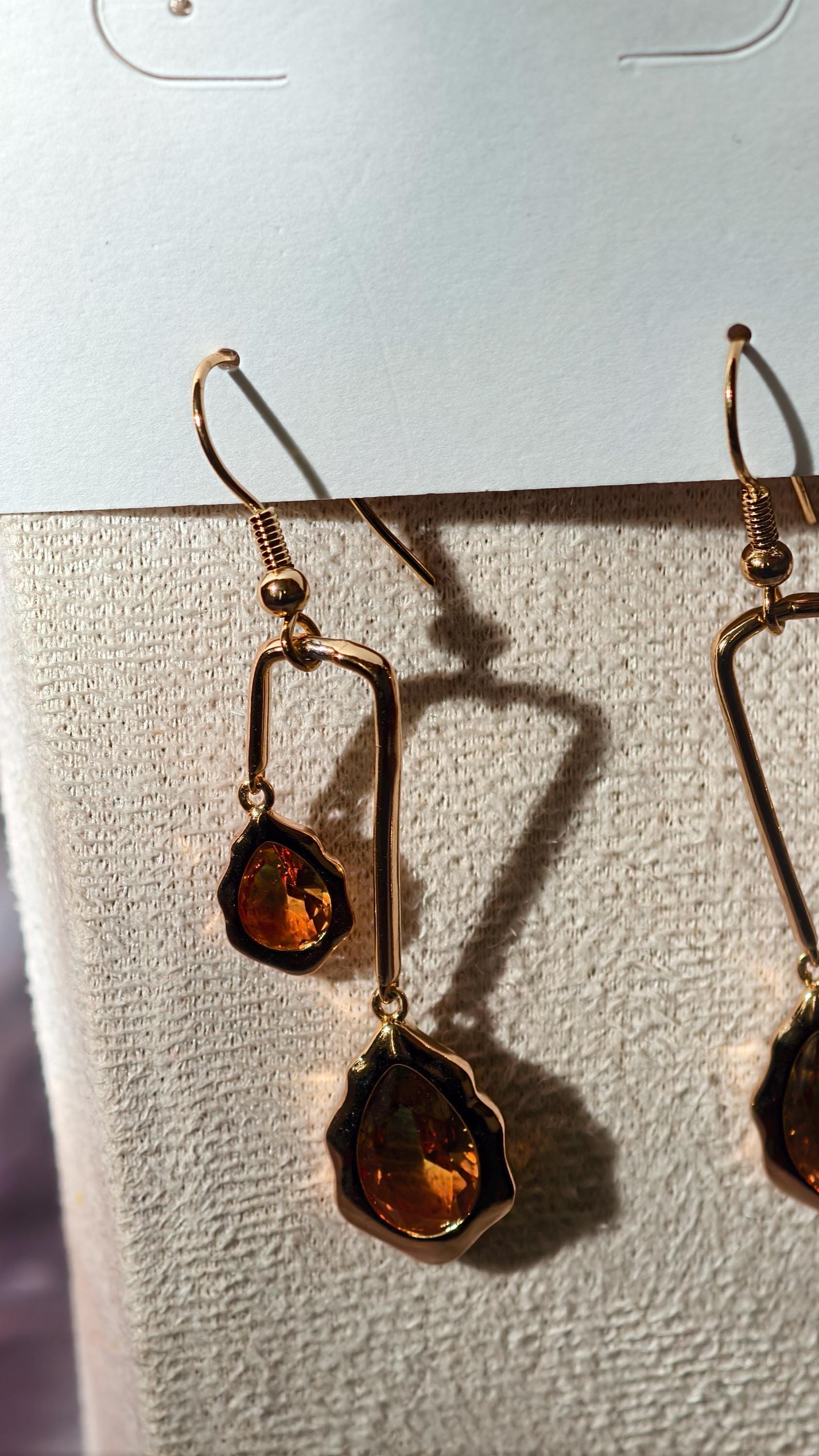 18k Gold Plated Teardrop Dangle Earrings, Ombre Green Amber Geometric Statement Jewelry
