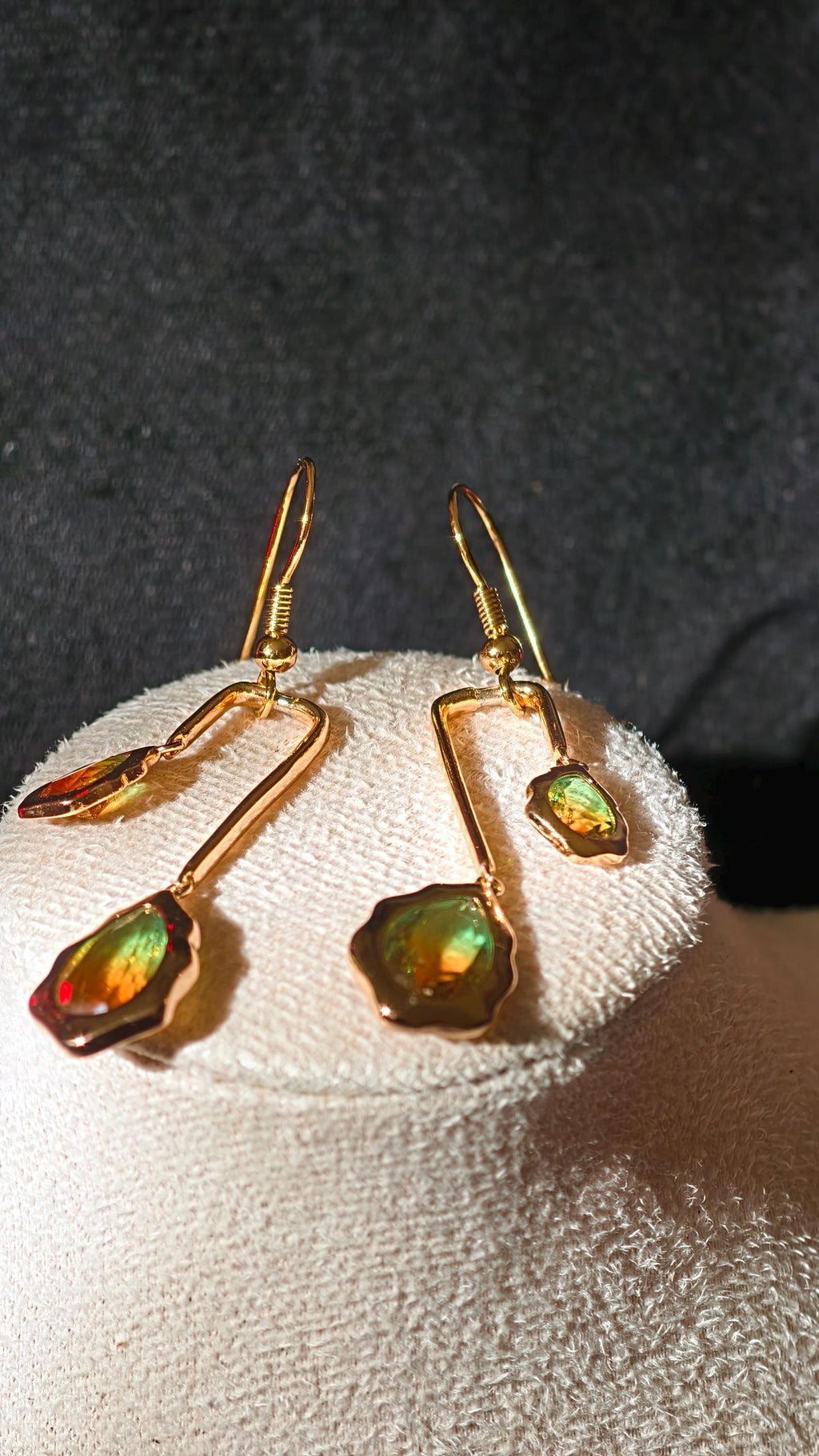 18k Gold Plated Teardrop Dangle Earrings, Ombre Green Amber Geometric Statement Jewelry