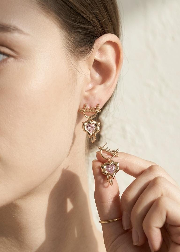18k Gold Plated "Luck" Script Heart Earrings  Pink Crystal Dangle Y2K Jewelry
