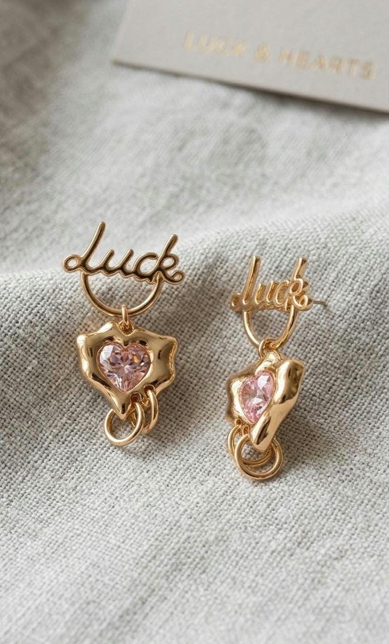 18k Gold Plated "Luck" Script Heart Earrings  Pink Crystal Dangle Y2K Jewelry