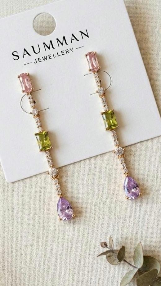 18k Gold Plated Pastel Cubic Zirconia Drop Earrings, Bridal Dangle Jewelry