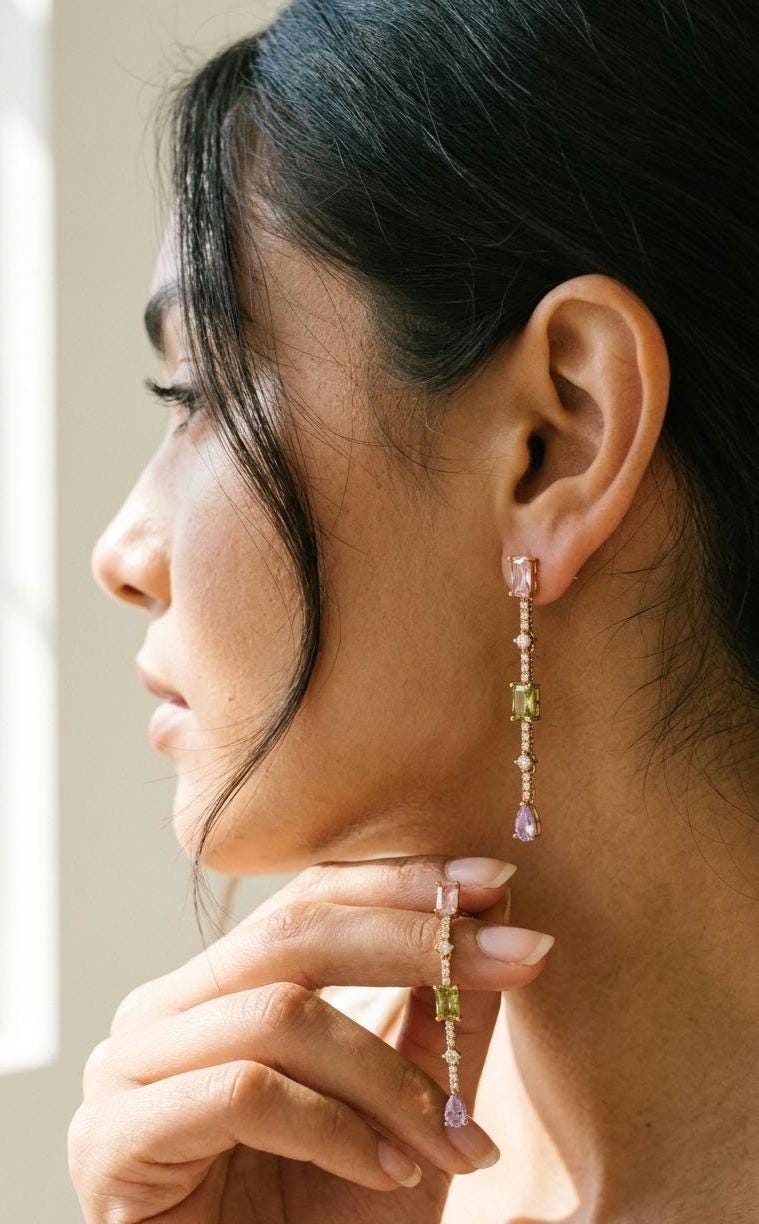 18k Gold Plated Pastel Cubic Zirconia Drop Earrings, Bridal Dangle Jewelry
