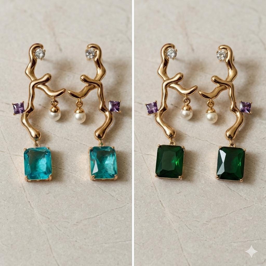 18k Gold Plated Branch Earrings with Emerald & Aquamarine Crystals, Dainty Pearl Accent
