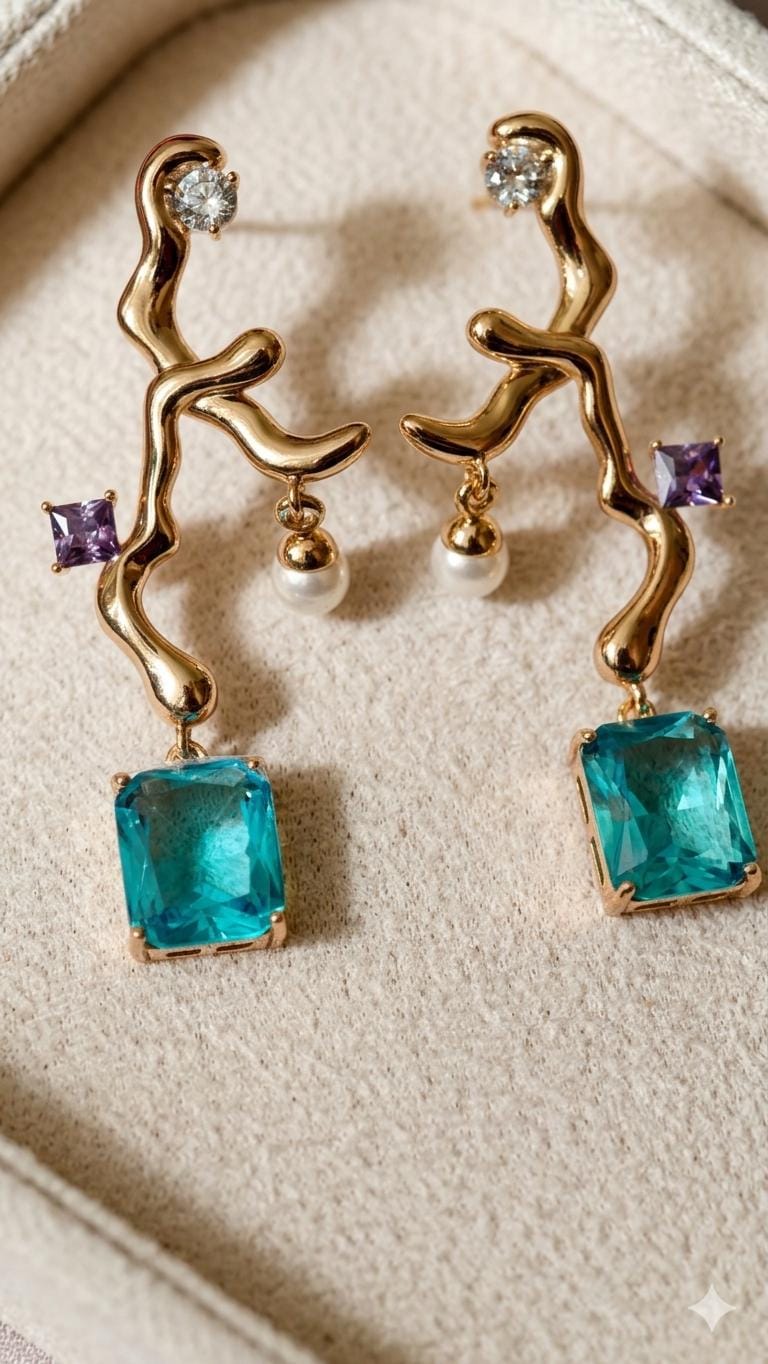 18k Gold Plated Branch Earrings with Emerald & Aquamarine Crystals, Dainty Pearl Accent