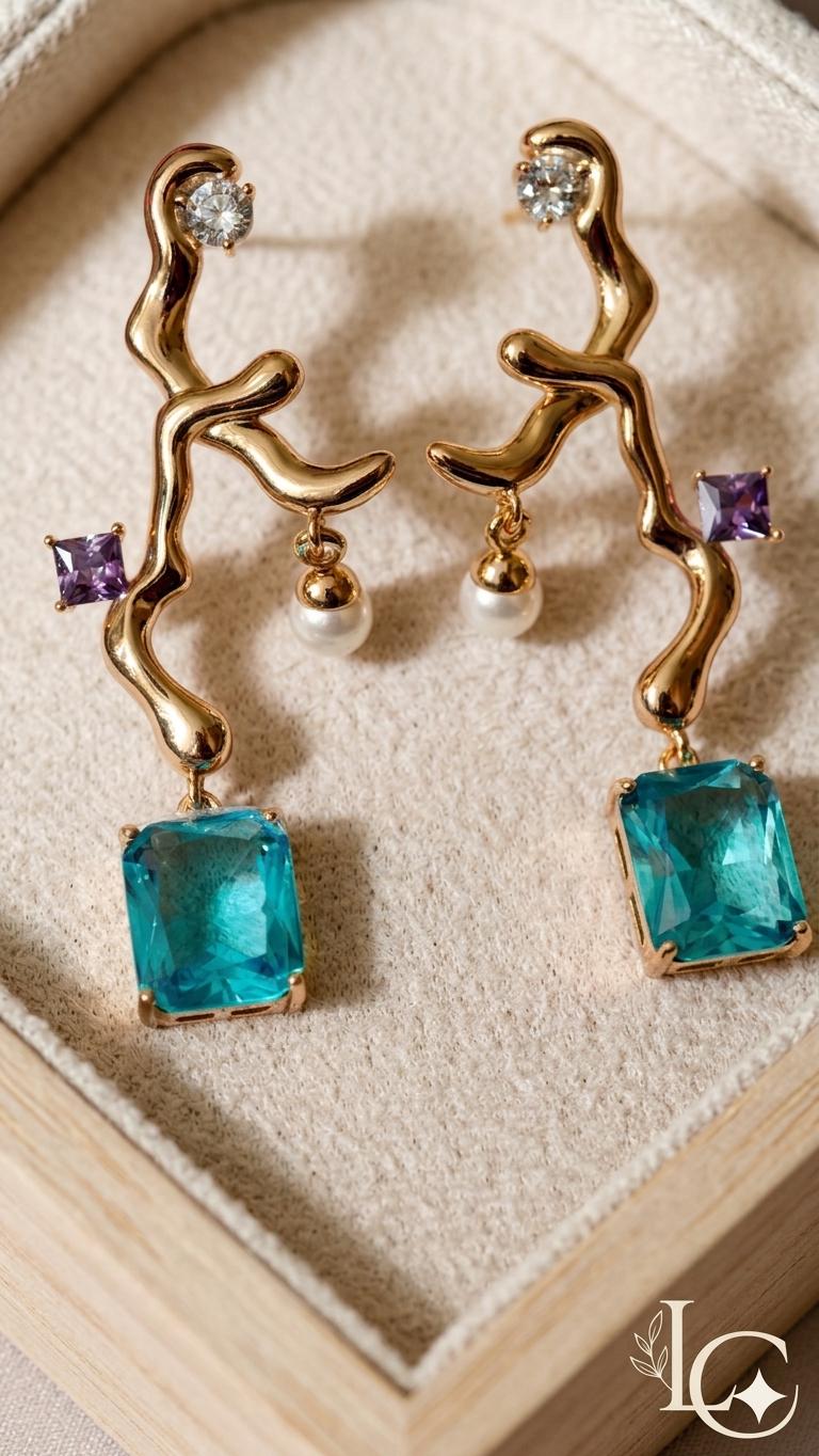 18k Gold Plated Branch Earrings with Emerald & Aquamarine Crystals, Dainty Pearl Accent