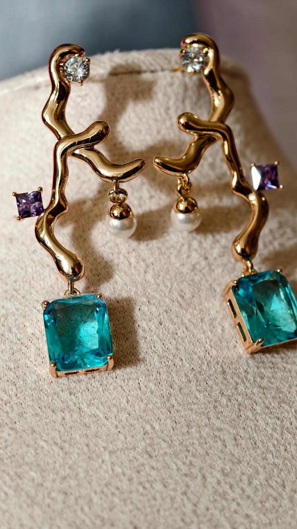 18k Gold Plated Branch Earrings with Emerald & Aquamarine Crystals, Dainty Pearl Accent