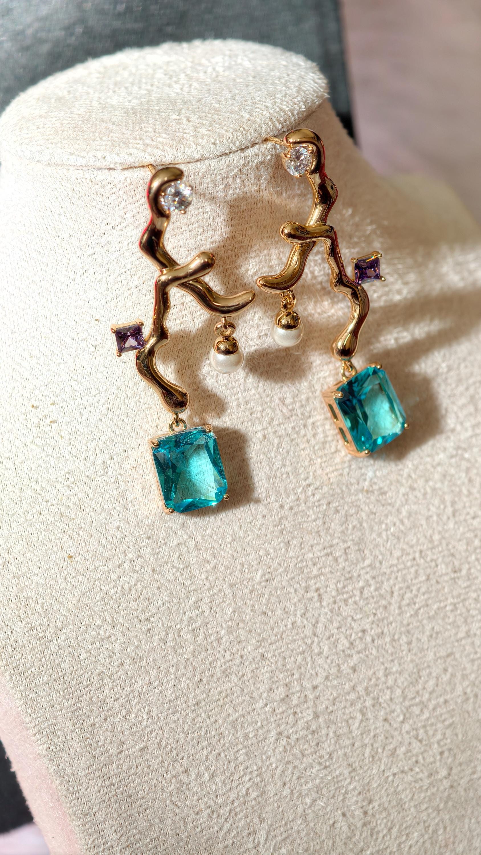 18k Gold Plated Branch Earrings with Emerald & Aquamarine Crystals, Dainty Pearl Accent