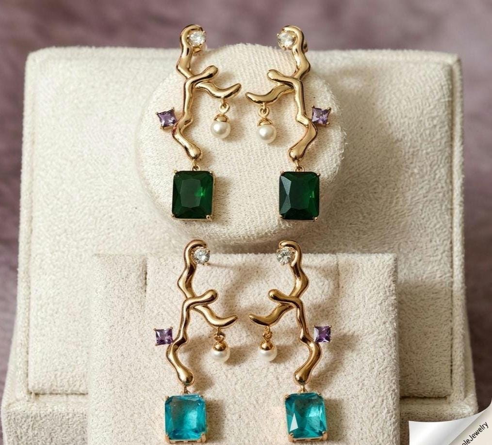 18k Gold Plated Branch Earrings with Emerald & Aquamarine Crystals, Dainty Pearl Accent