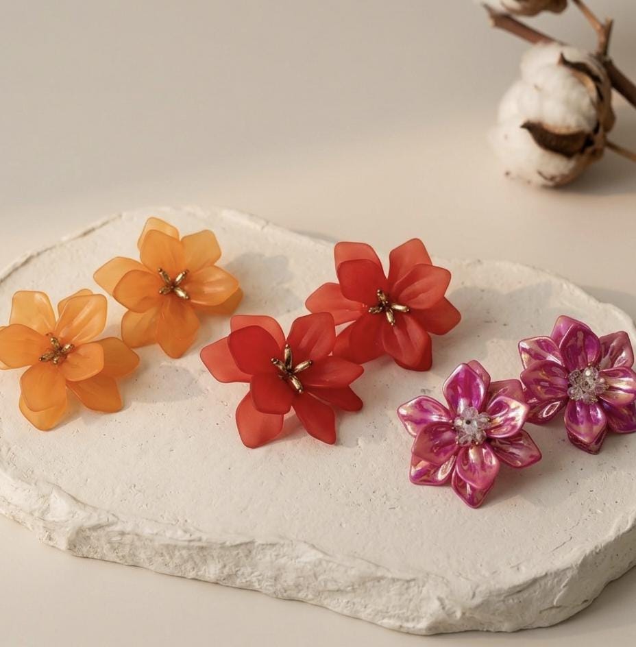 Matte Resin Flower Stud Earrings  Orange, Red, Iridescent Magenta Botanical Jewelry