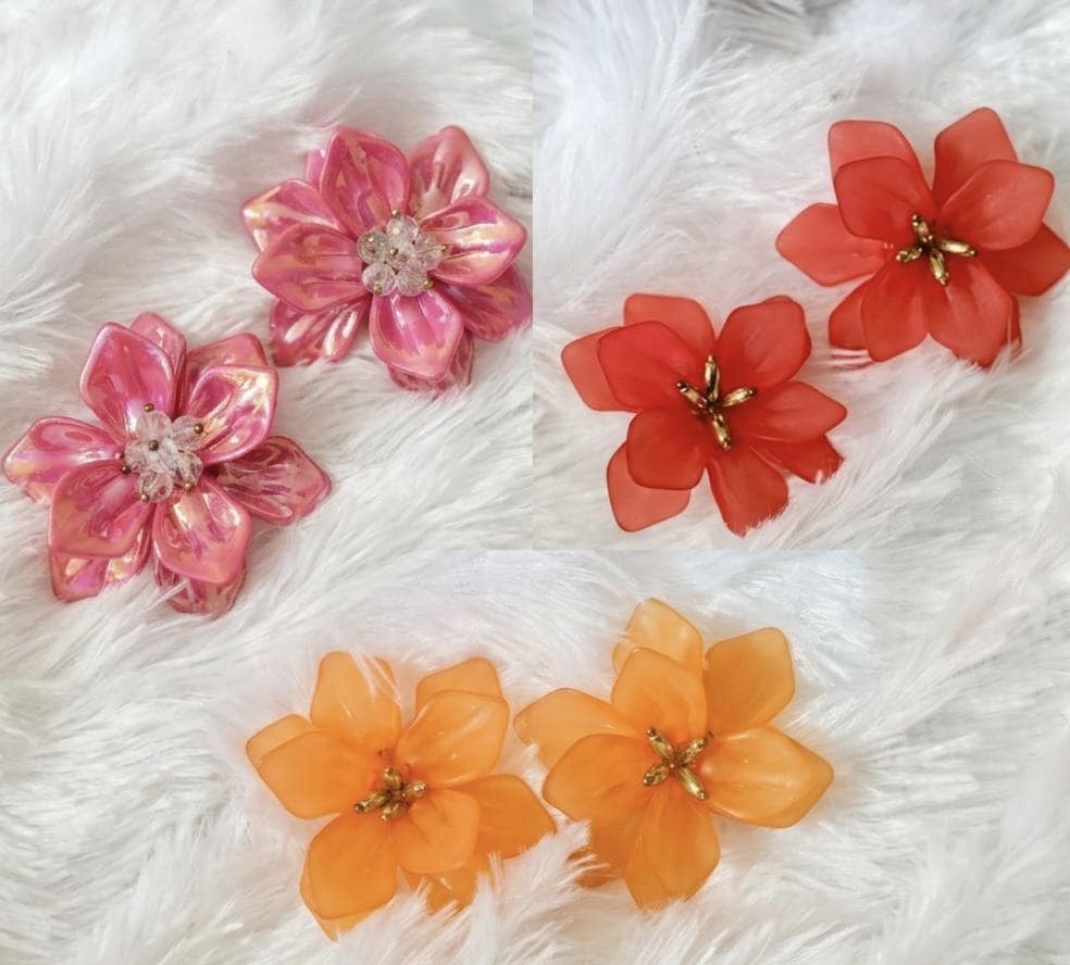 Matte Resin Flower Stud Earrings  Orange, Red, Iridescent Magenta Botanical Jewelry