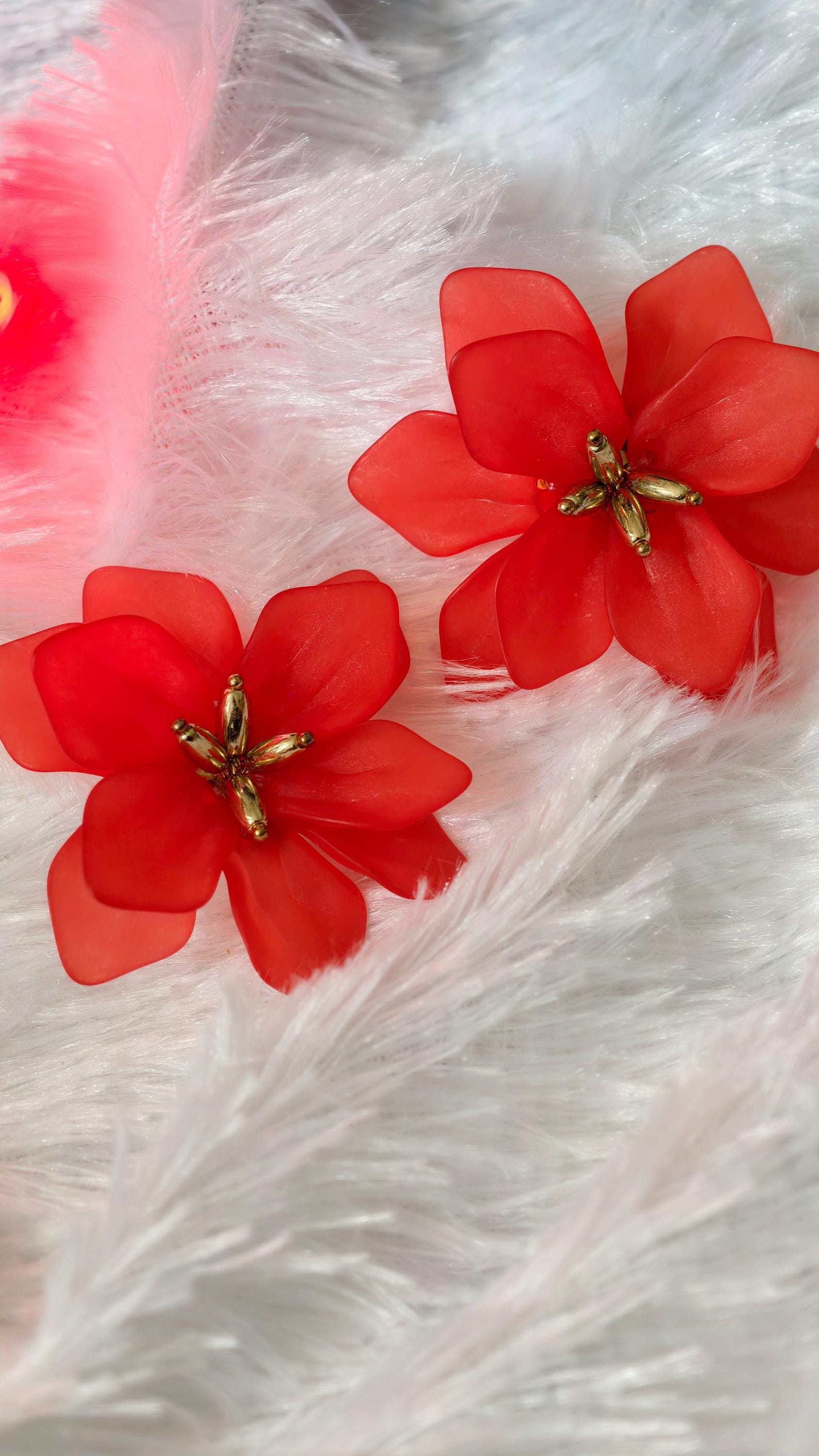 Matte Resin Flower Stud Earrings  Orange, Red, Iridescent Magenta Botanical Jewelry