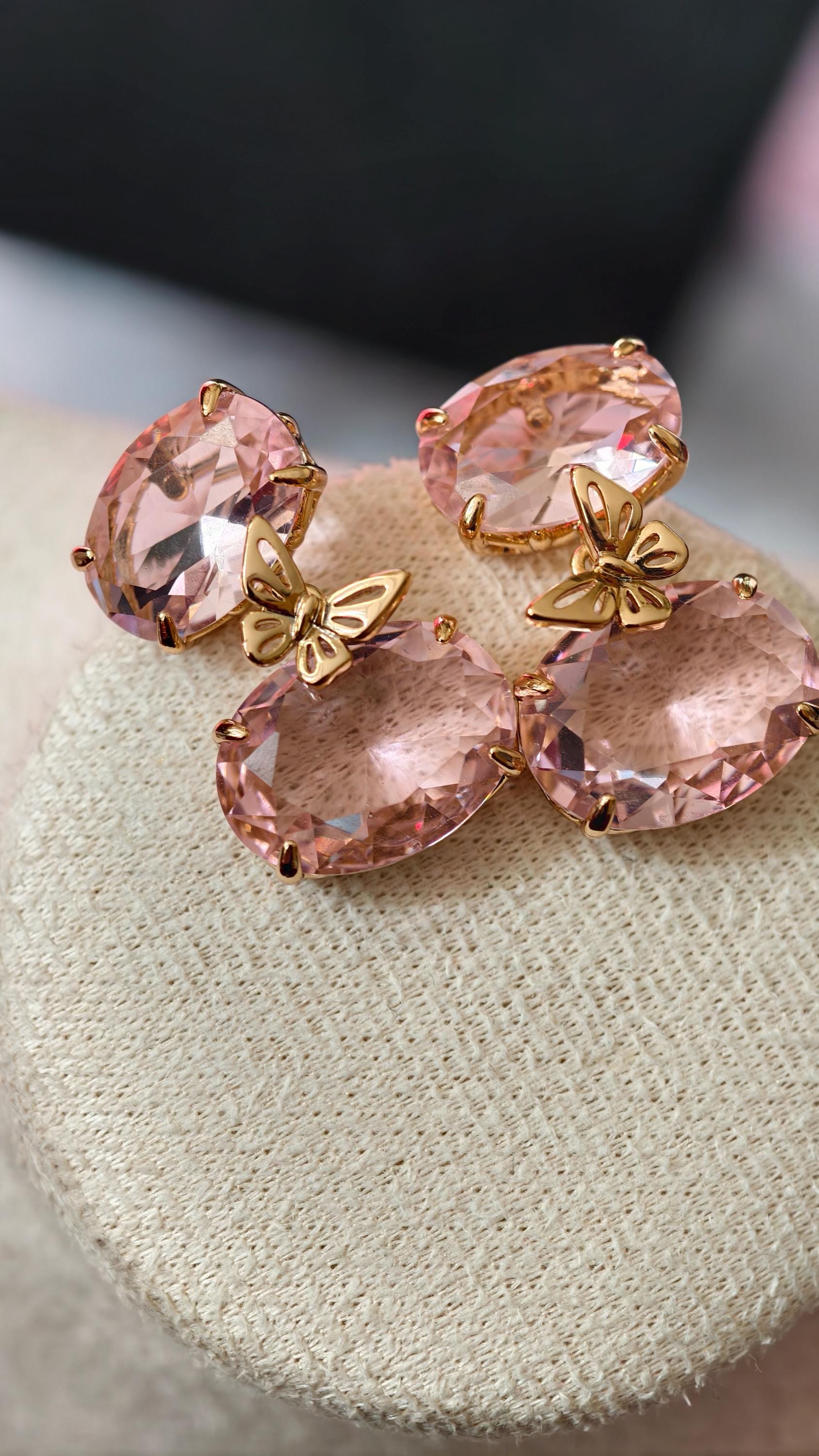 18k Gold Plated Pink Butterfly Oval Drop Earrings, Morganite-Style Glass Jewelry