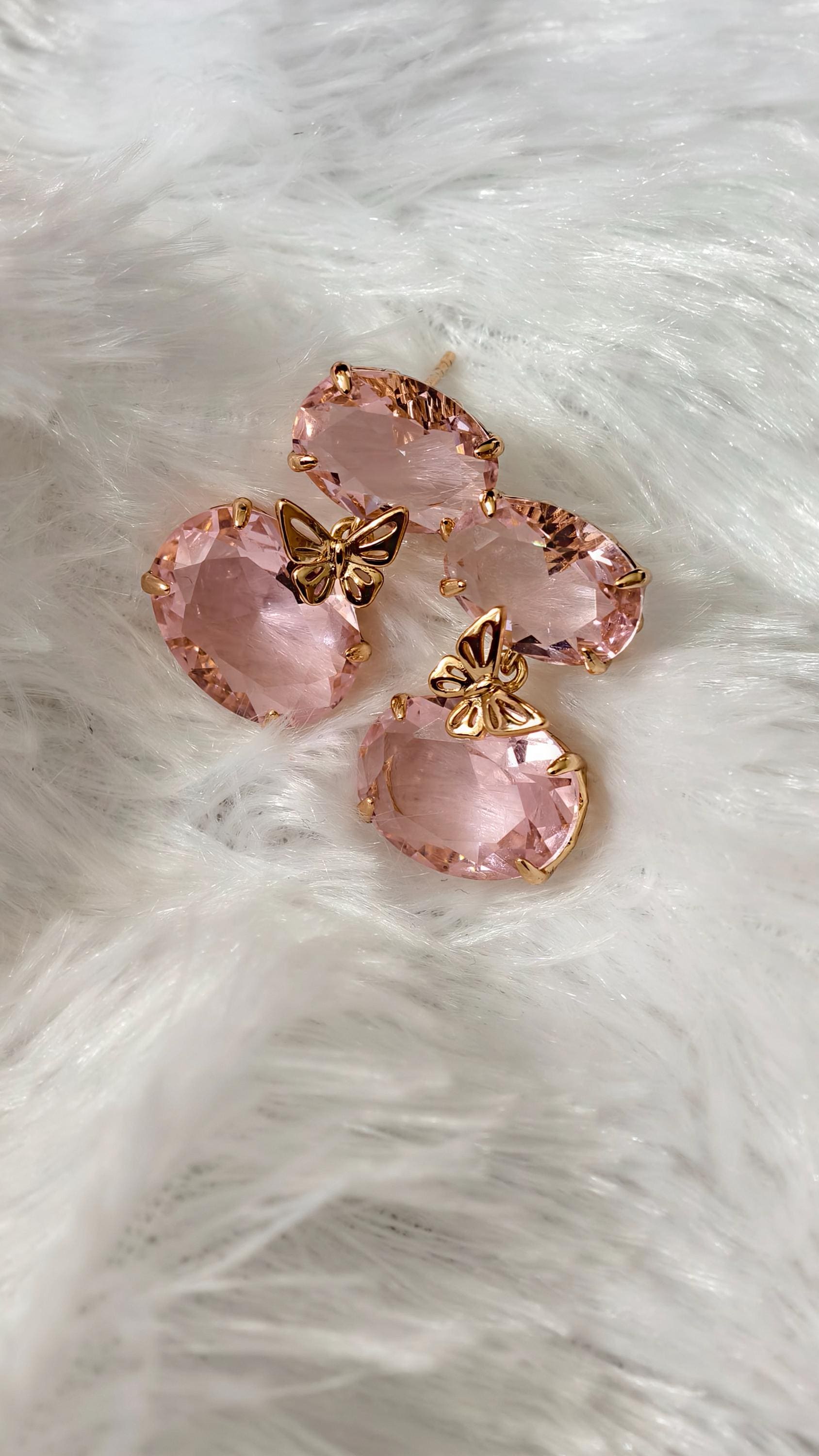 18k Gold Plated Pink Butterfly Oval Drop Earrings, Morganite-Style Glass Jewelry
