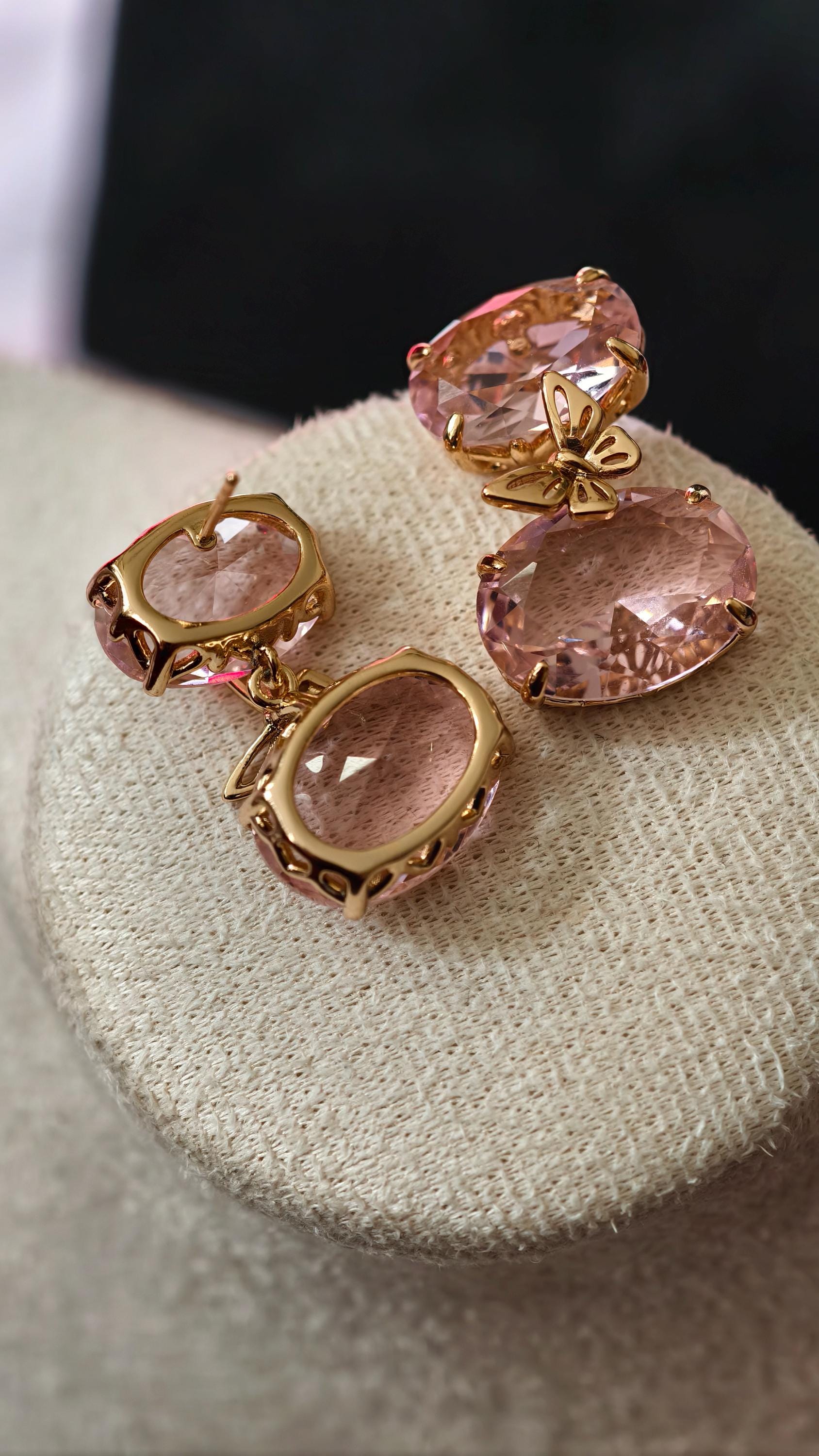 18k Gold Plated Pink Butterfly Oval Drop Earrings, Morganite-Style Glass Jewelry