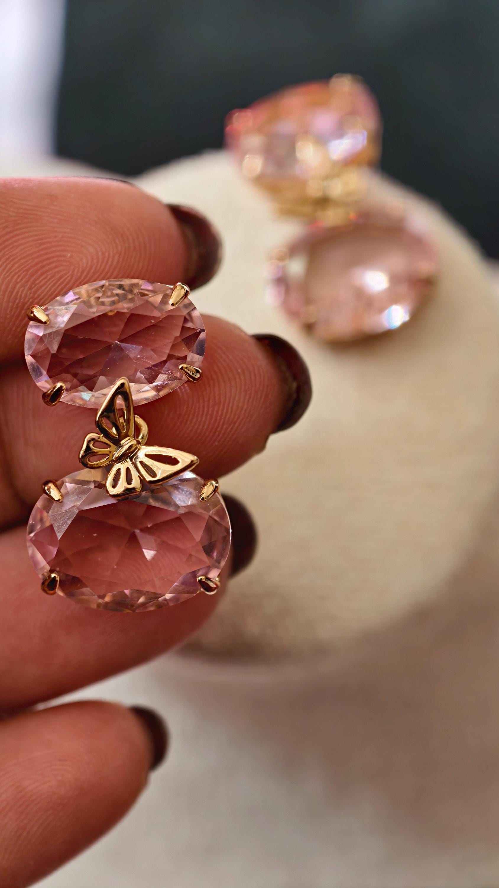 18k Gold Plated Pink Butterfly Oval Drop Earrings, Morganite-Style Glass Jewelry