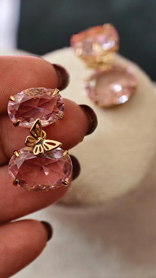 18k Gold Plated Pink Butterfly Oval Drop Earrings, Morganite-Style Glass Jewelry