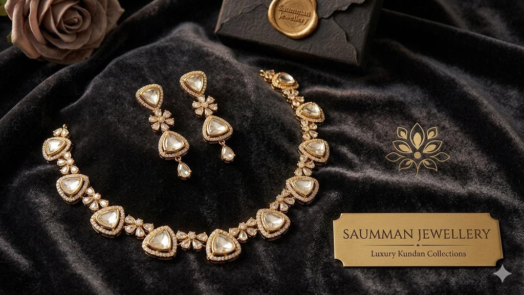 Kundan Necklace Set with Earrings, Gold Plated Polki Choker, Indian Bridal Jewelry