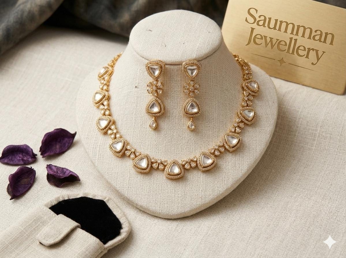 Kundan Necklace Set with Earrings, Gold Plated Polki Choker, Indian Bridal Jewelry