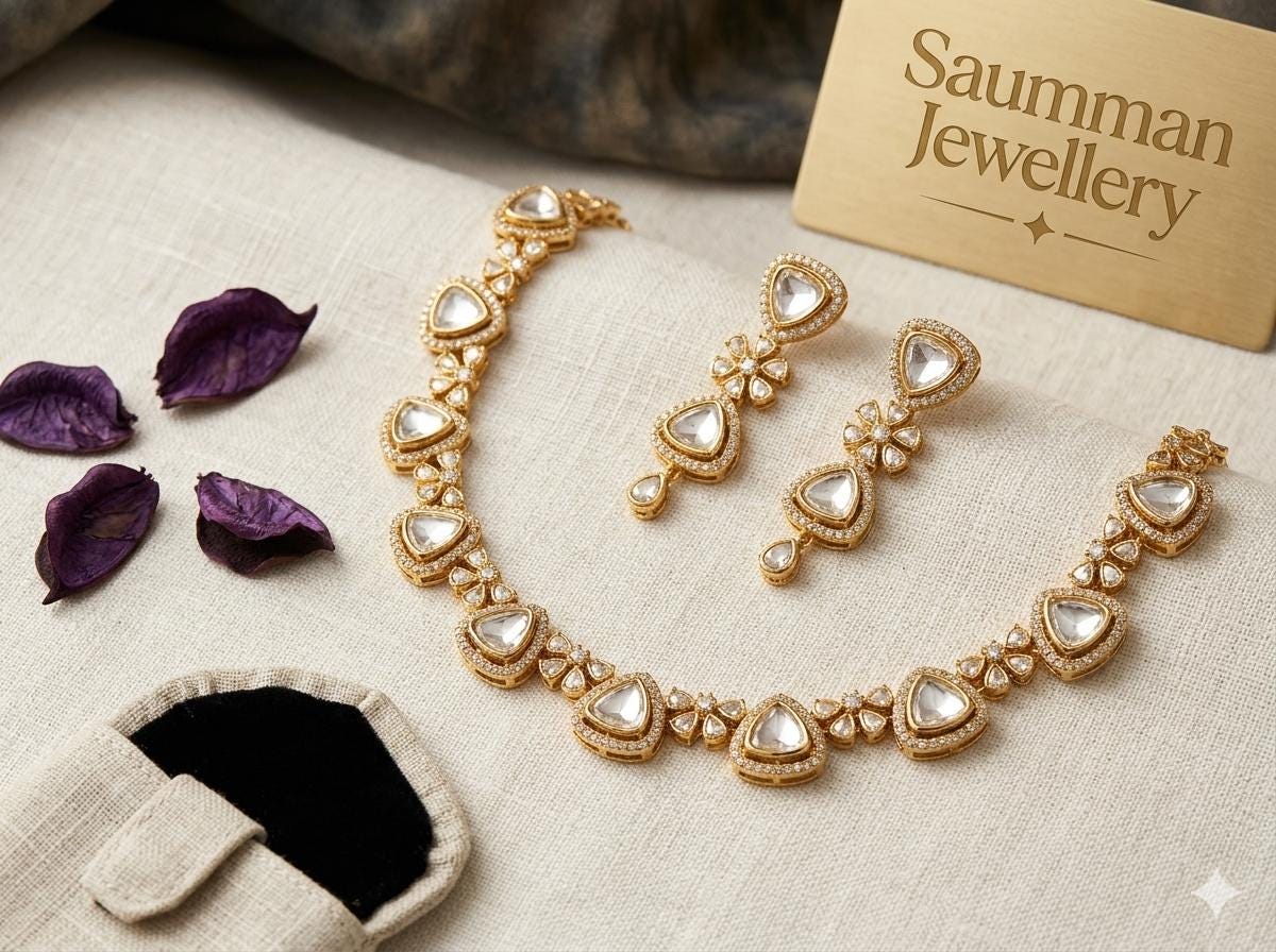 Kundan Necklace Set with Earrings, Gold Plated Polki Choker, Indian Bridal Jewelry