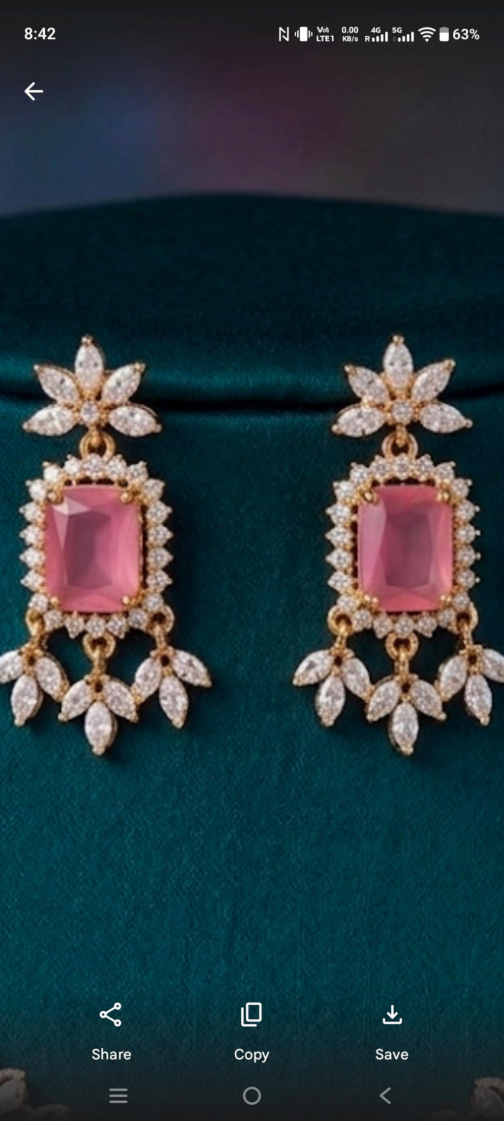 Pink Emerald Cut Necklace & Chandelier Earrings Set  Gold Plated Bridal Jewelry