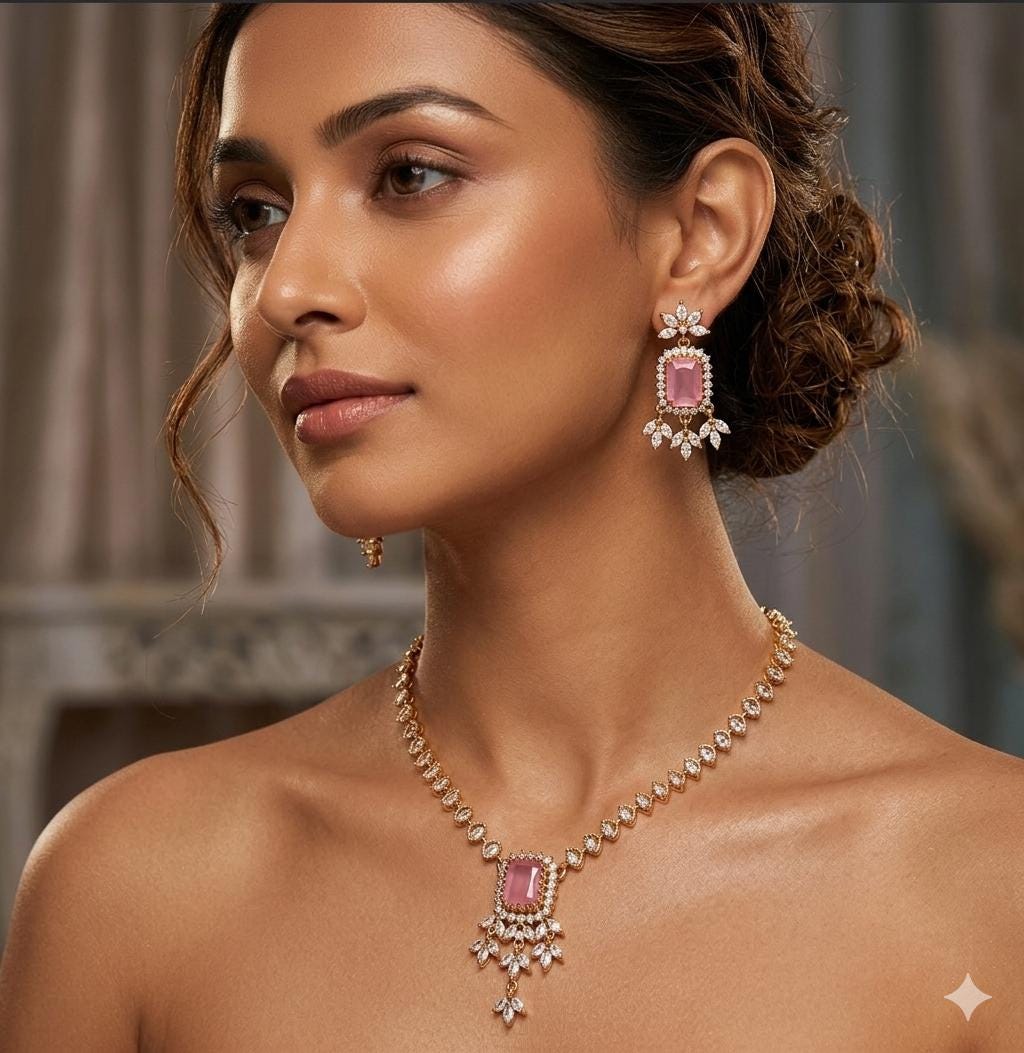 Pink Emerald Cut Necklace & Chandelier Earrings Set  Gold Plated Bridal Jewelry