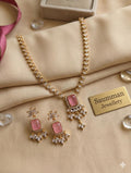 Pink Emerald Cut Necklace & Chandelier Earrings Set  Gold Plated Bridal Jewelry