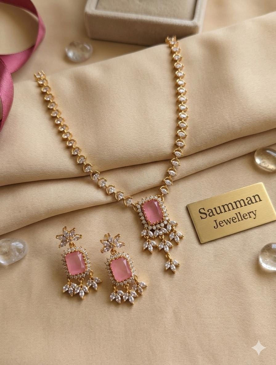 Pink Emerald Cut Necklace & Chandelier Earrings Set  Gold Plated Bridal Jewelry