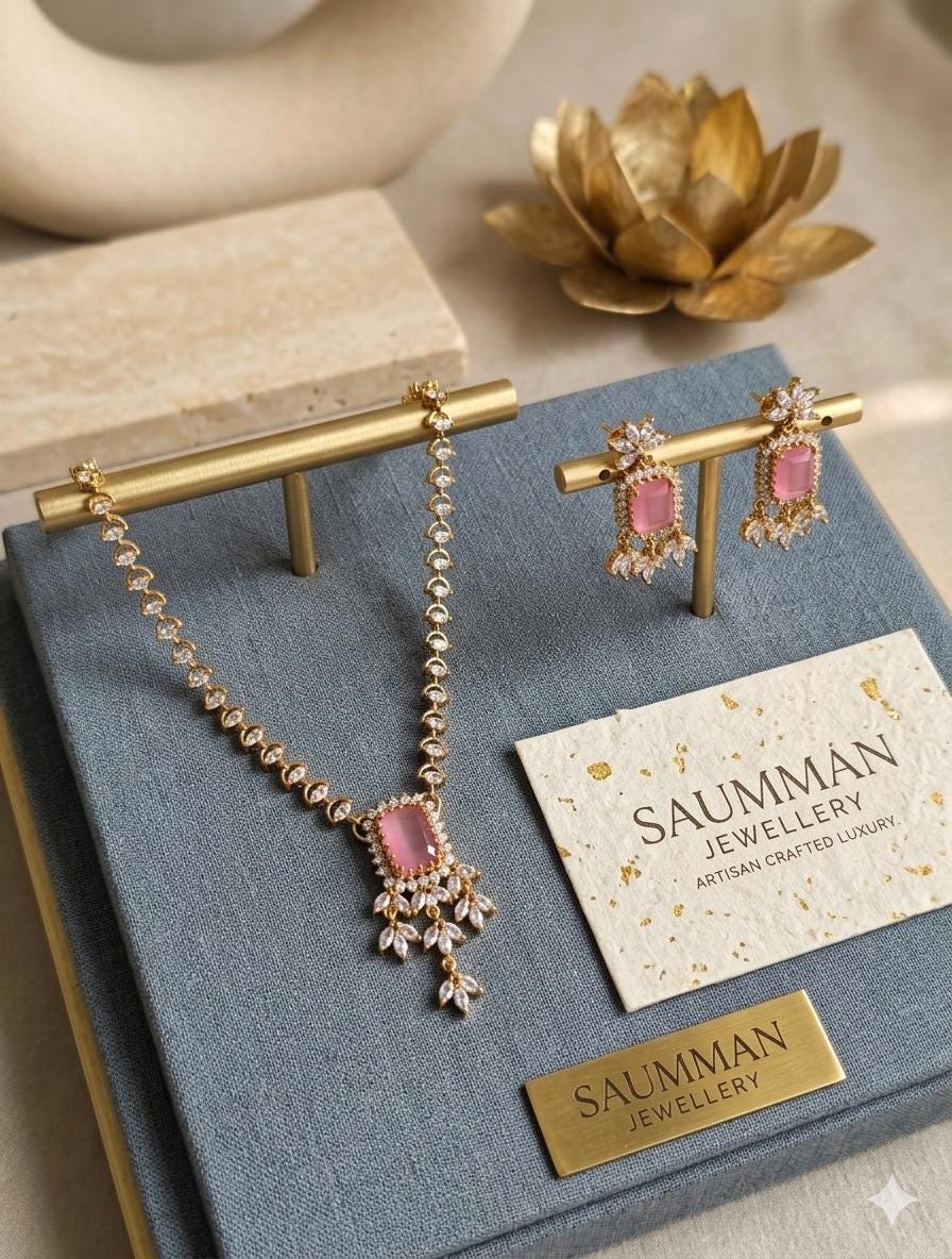 Pink Emerald Cut Necklace & Chandelier Earrings Set  Gold Plated Bridal Jewelry