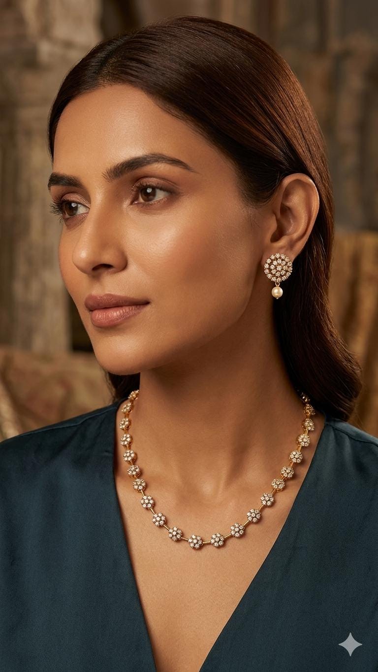 Floral Starburst Choker Necklace and Earrings Set, Gold Plated CZ Bridal Jewelry