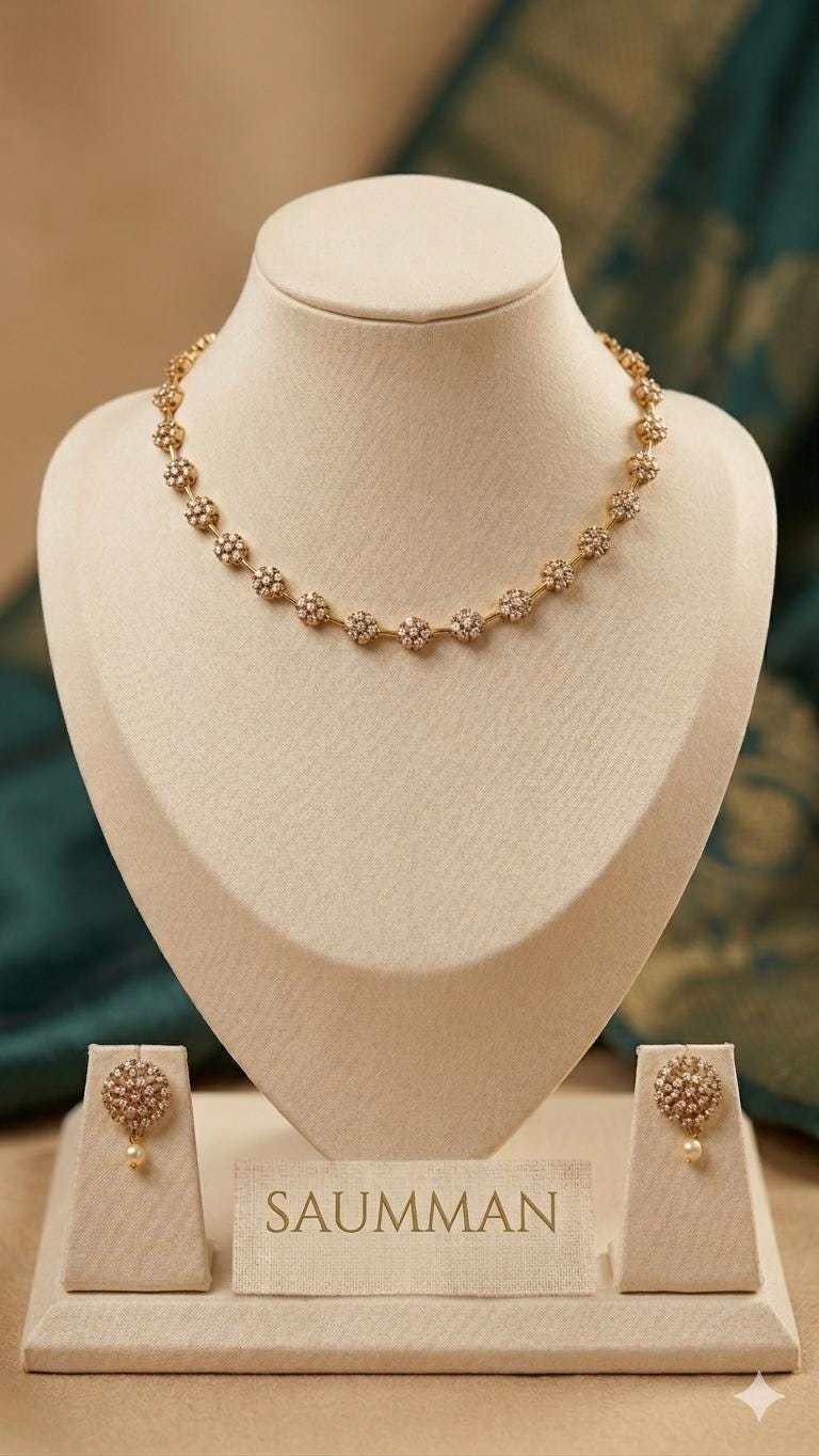 Floral Starburst Choker Necklace and Earrings Set, Gold Plated CZ Bridal Jewelry