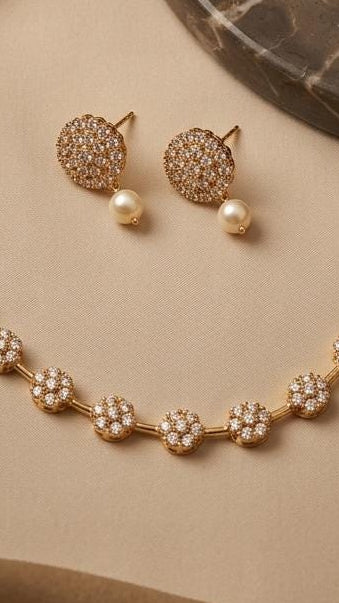 Floral Starburst Choker Necklace and Earrings Set, Gold Plated CZ Bridal Jewelry