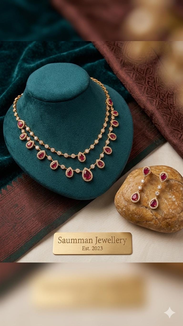 Double Layered Ruby Red AD Necklace Earrings Set  18k Gold Plated Bridal Choker