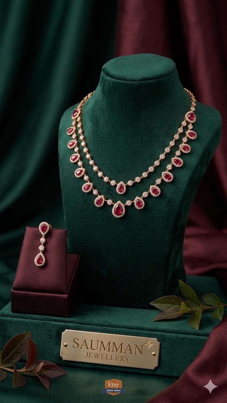 Double Layered Ruby Red AD Necklace Earrings Set  18k Gold Plated Bridal Choker