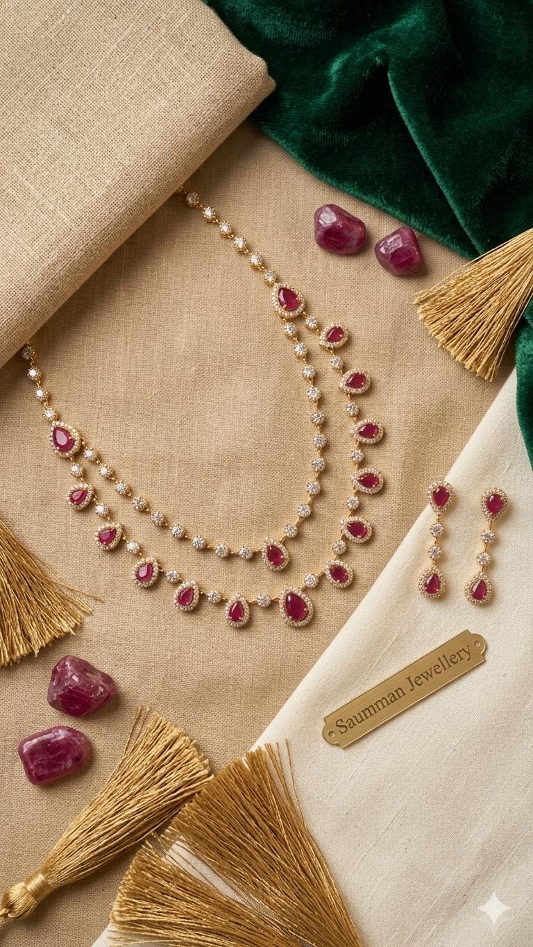 Double Layered Ruby Red AD Necklace Earrings Set  18k Gold Plated Bridal Choker