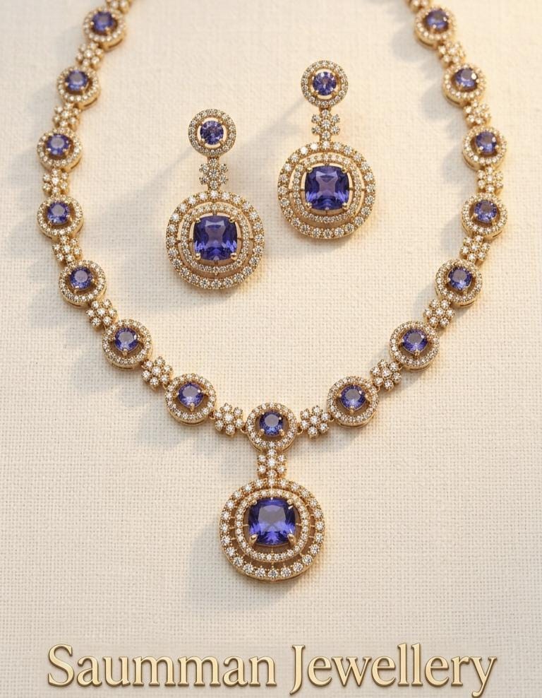 Deep Purple AD Stone Necklace Earrings Set, Gold Plated Royal Wedding Choker