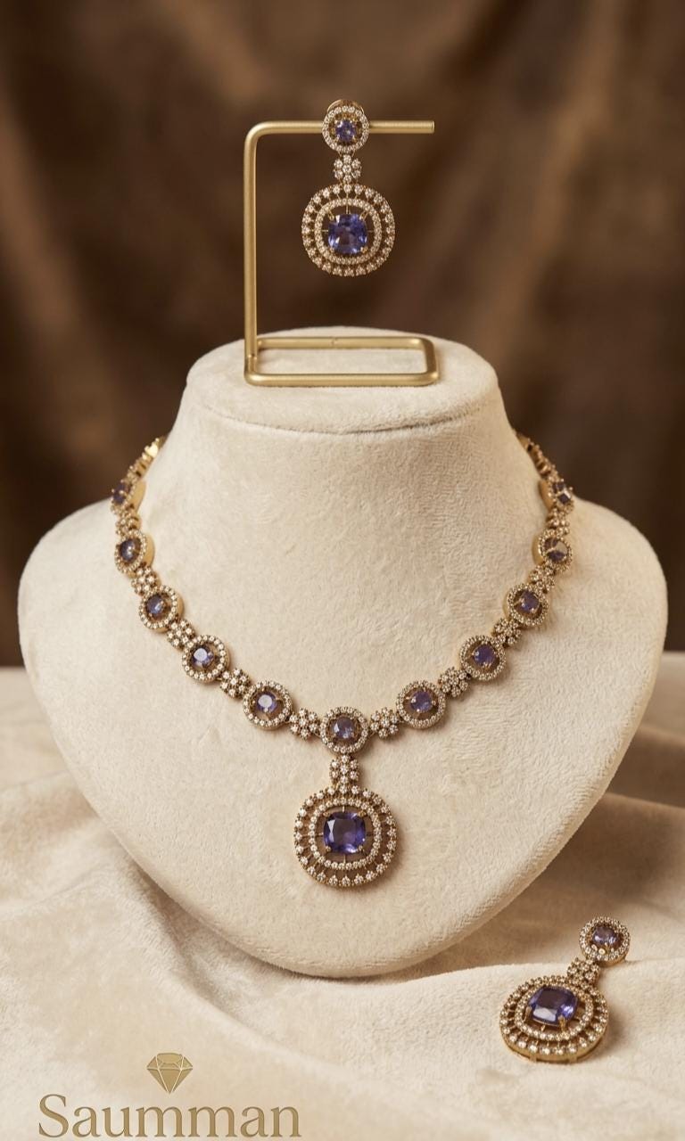 Deep Purple AD Stone Necklace Earrings Set, Gold Plated Royal Wedding Choker